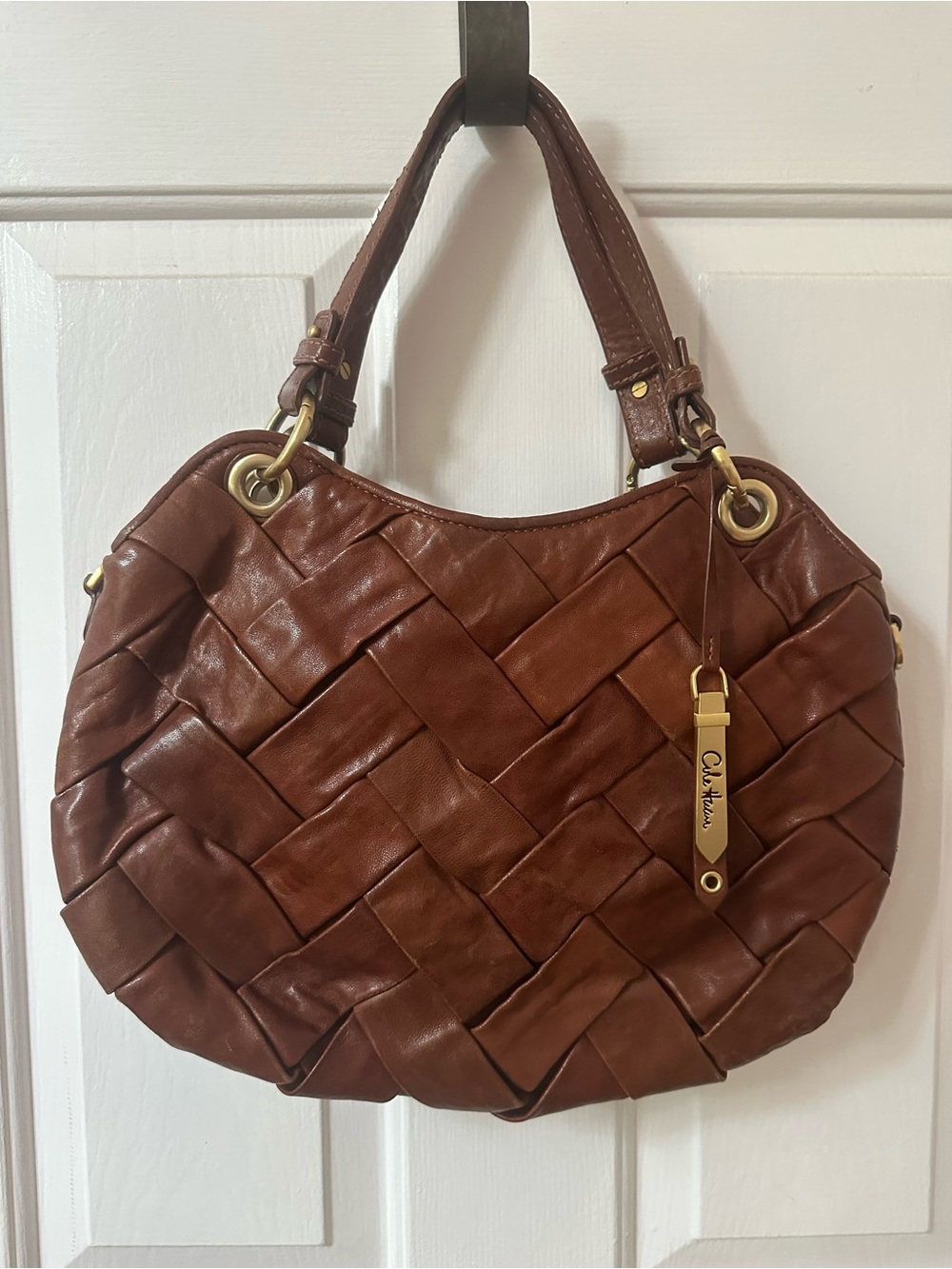 Cole Haan Brown Woven Leather Shoulder Bag with Gold-Tone Accents